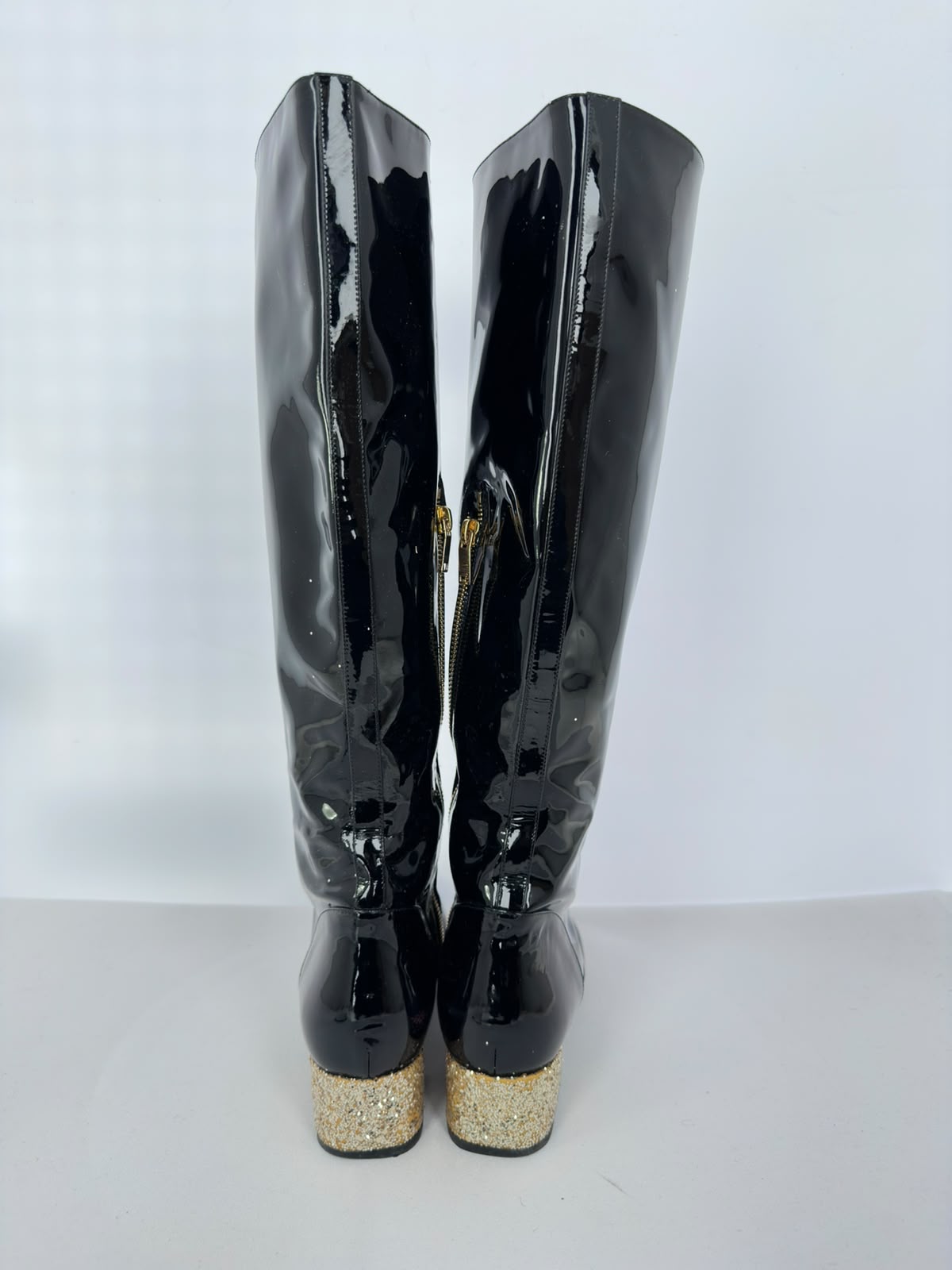 Women's Saint Laurent Glitter Heel Knee High Boots in Black Patent Leather