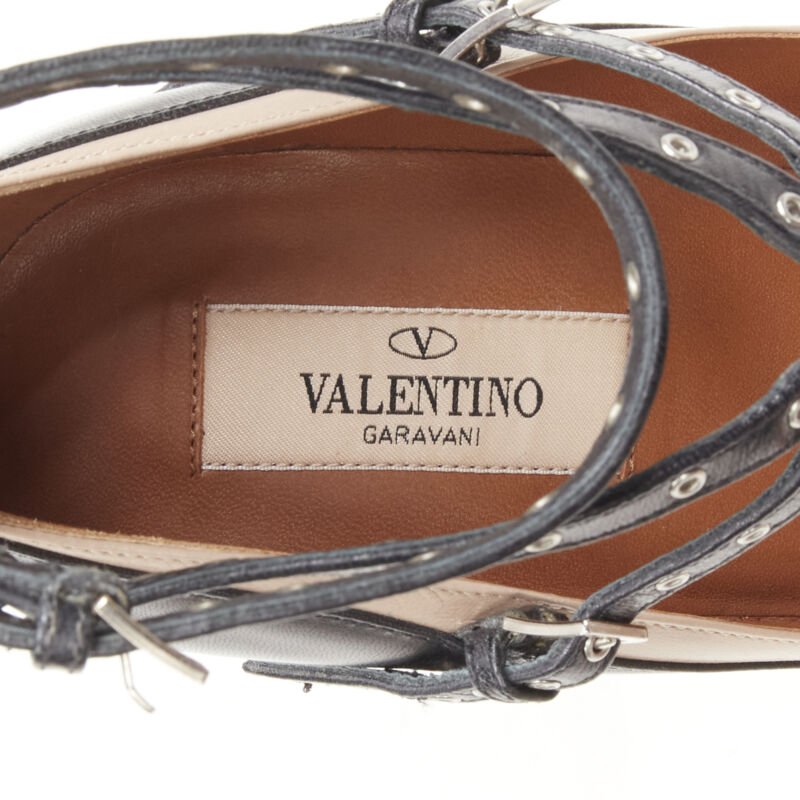 Women's Valentino leather silver grommet stud bondage harness pump