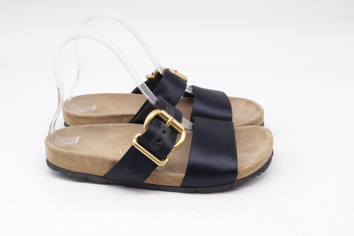 Women's Prada Double-Strap Slide Sandals in Black Satin