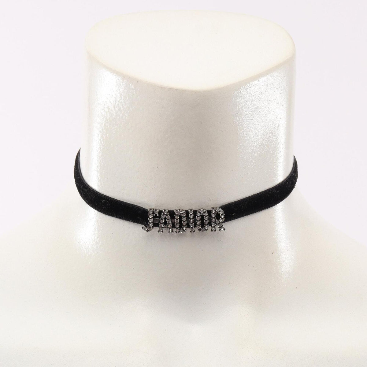 Choker Necklace Leather and Metal With Rhinestones Black Silver Clear