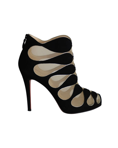 Women's Christian Louboutin Circus Mesh Cutout Ankle Boots in Black Suede