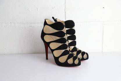 Women's Christian Louboutin Circus Mesh Cutout Ankle Boots in Black Suede