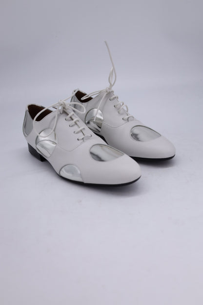Women's Marni Polka Dot Lace Up Oxfords in White and Silver Leather