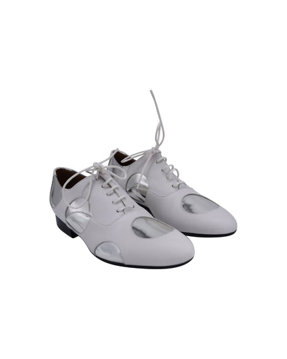 Women's Marni Polka Dot Lace Up Oxfords in White and Silver Leather