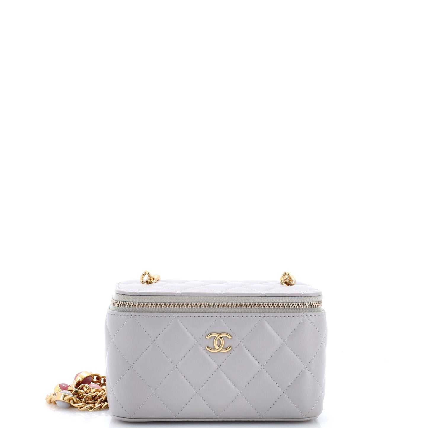 Classic Vanity Case with Resin Pearl Chain Quilted Lambskin Small