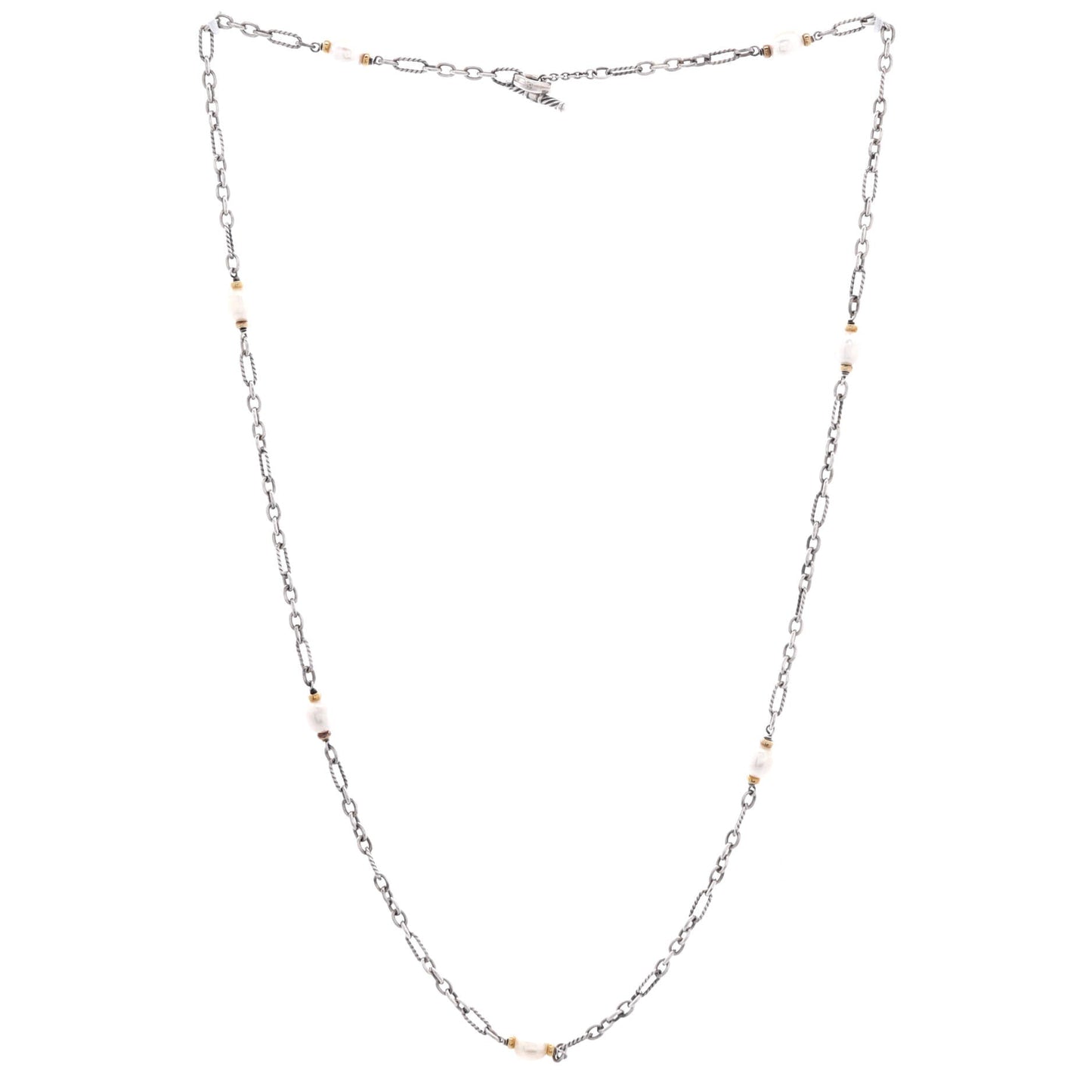 Figaro Chain Necklace Sterling Silver with 18K Yellow Gold and Pearls