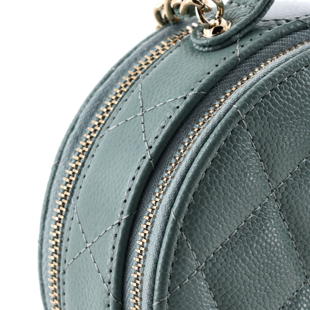Handle with Care Round Vanity Case with Chain Quilted Caviar Small