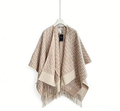 Two-color geometric texture knitted shawl, fringed edge loose warm exterior