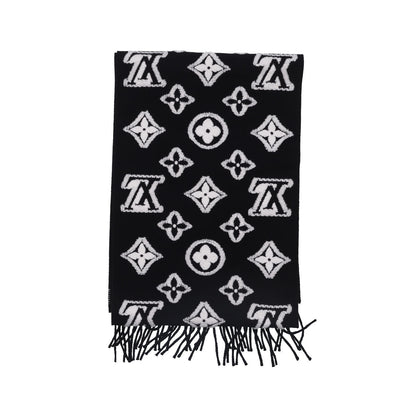 Black and white geometric pattern knitted scarf, fringed edge thermal shawl
