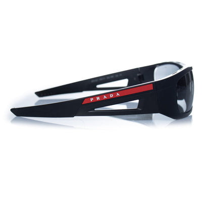 Prada, matte black sunglasses with red logo