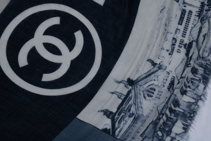 Chanel, Cashmere CC Cinema scarf in blue and white
