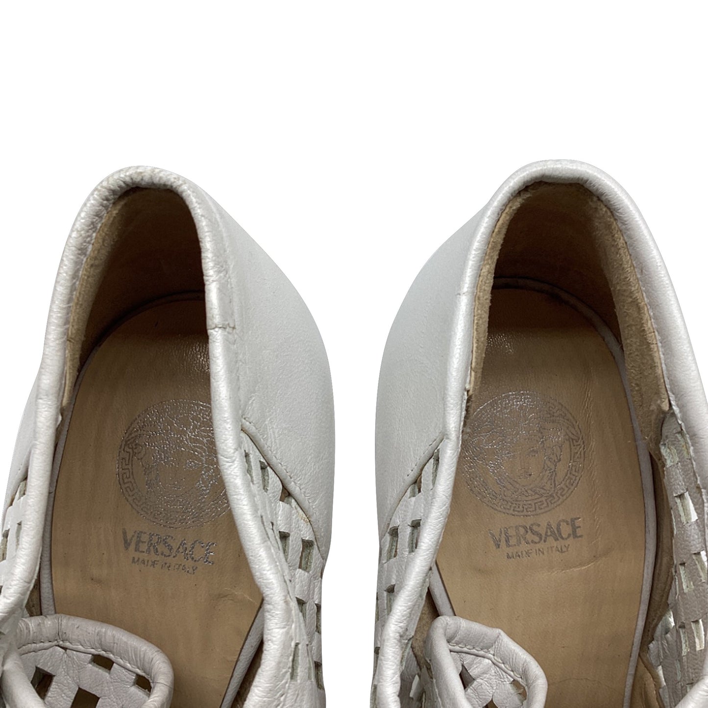 Women's Versace Lace Up High-Heeled Mules in White Leather