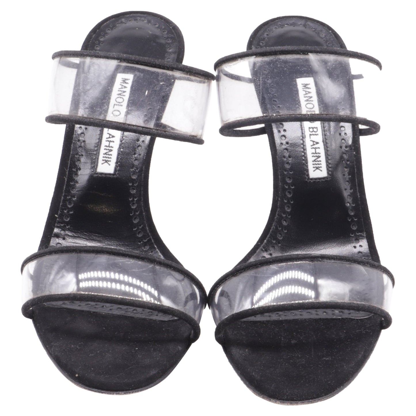 Women's Manolo Blahnik PVC Strap Heeled Mules in Black Suede