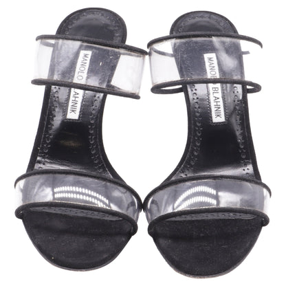 Women's Manolo Blahnik PVC Strap Heeled Mules in Black Suede
