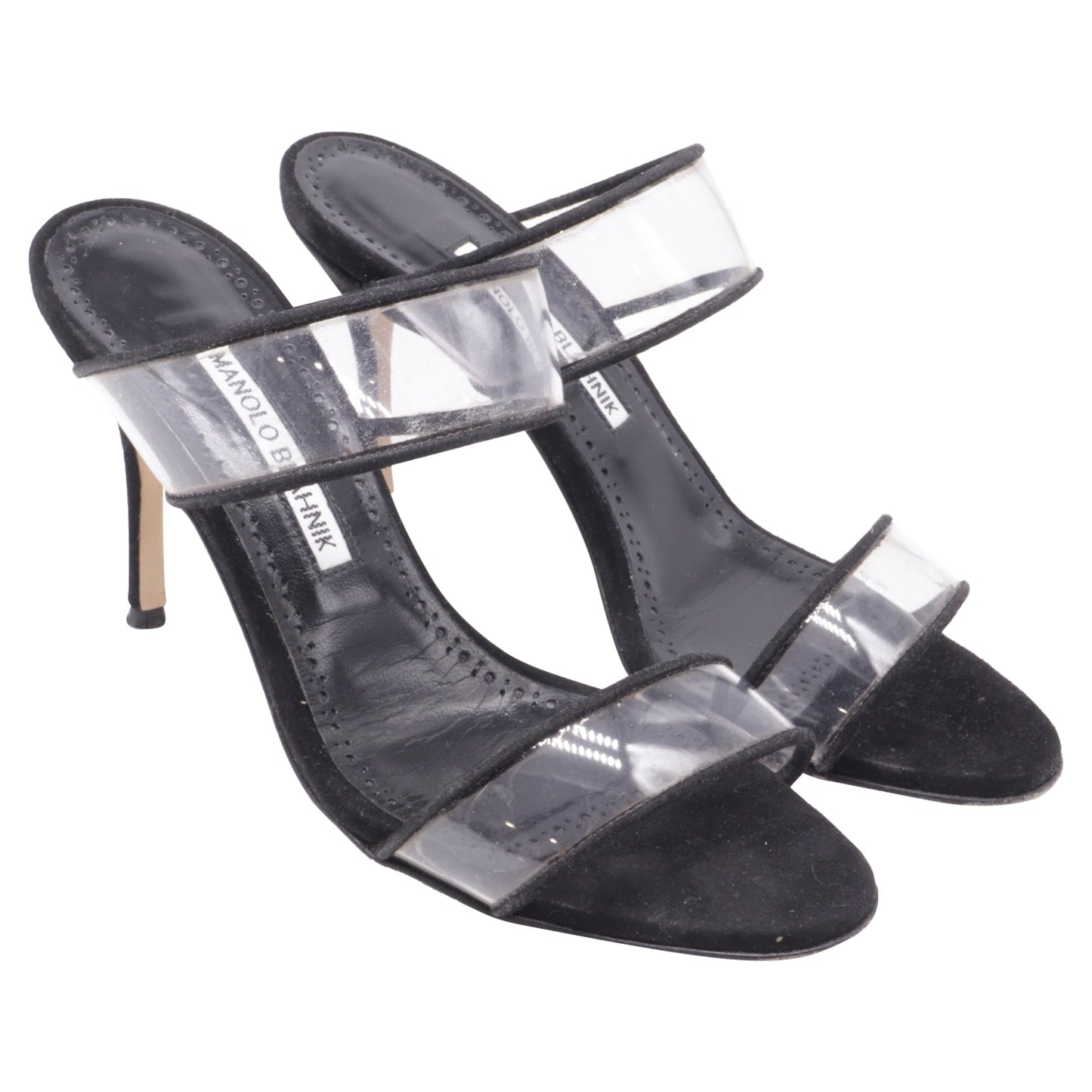 Women's Manolo Blahnik PVC Strap Heeled Mules in Black Suede