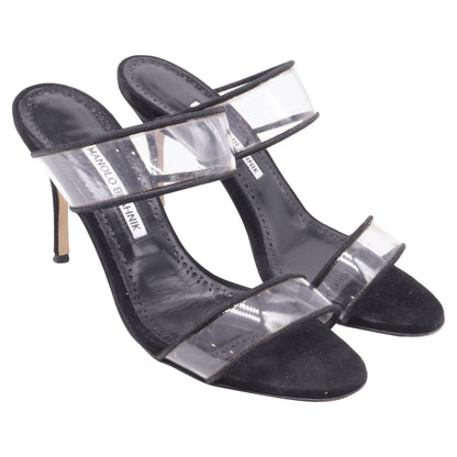 Women's Manolo Blahnik PVC Strap Heeled Mules in Black Suede