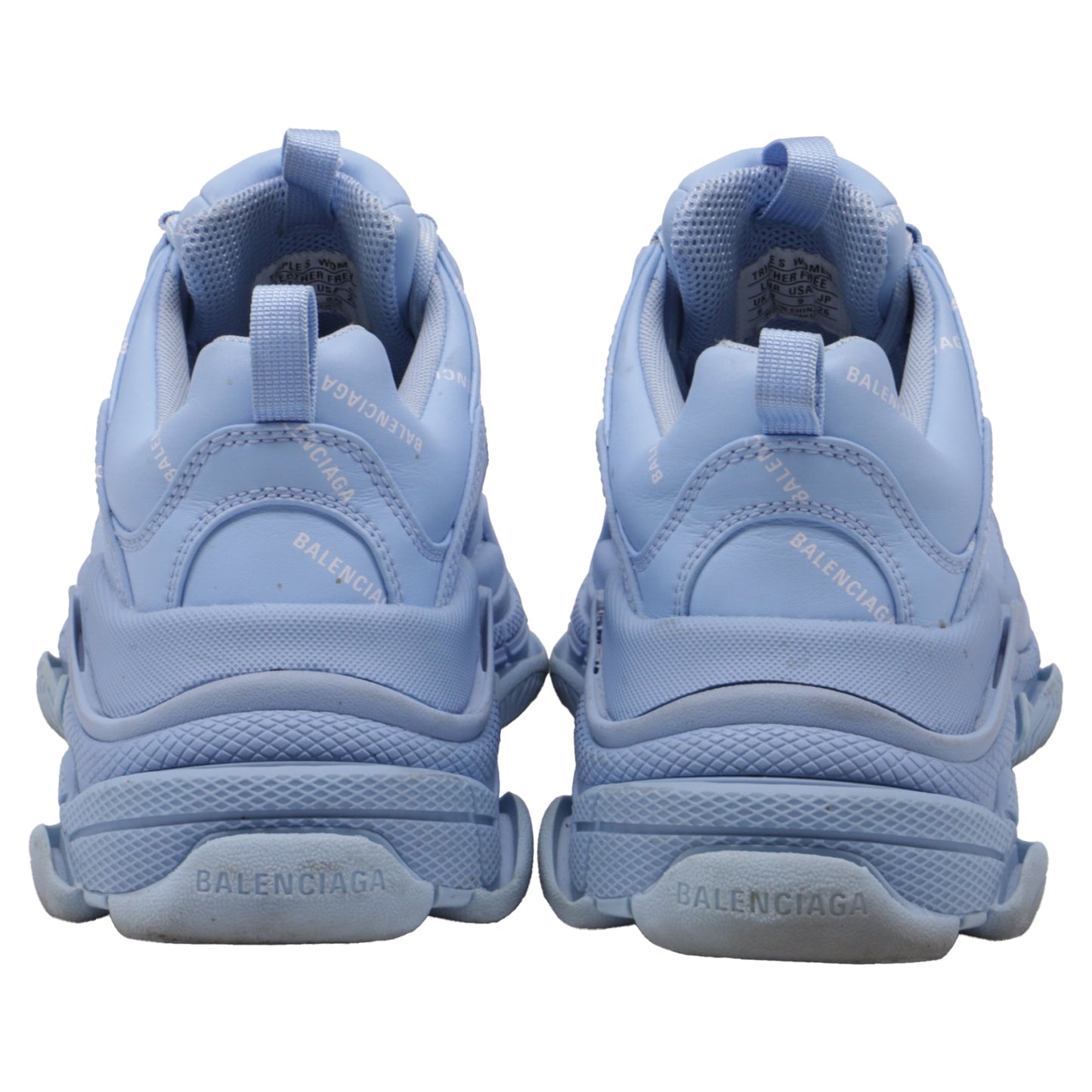 Women's Balenciaga All Over Logo Triple S Sneakers in Light Blue Polyester
