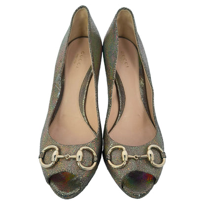 Women's Gucci Holographic Crackle New Hollywood Horsebit Peep Toe Pumps in Gold Leather