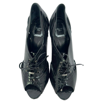 Women's Dior Lace Up Peep Toe Ankle Boots in Black Patent Leather