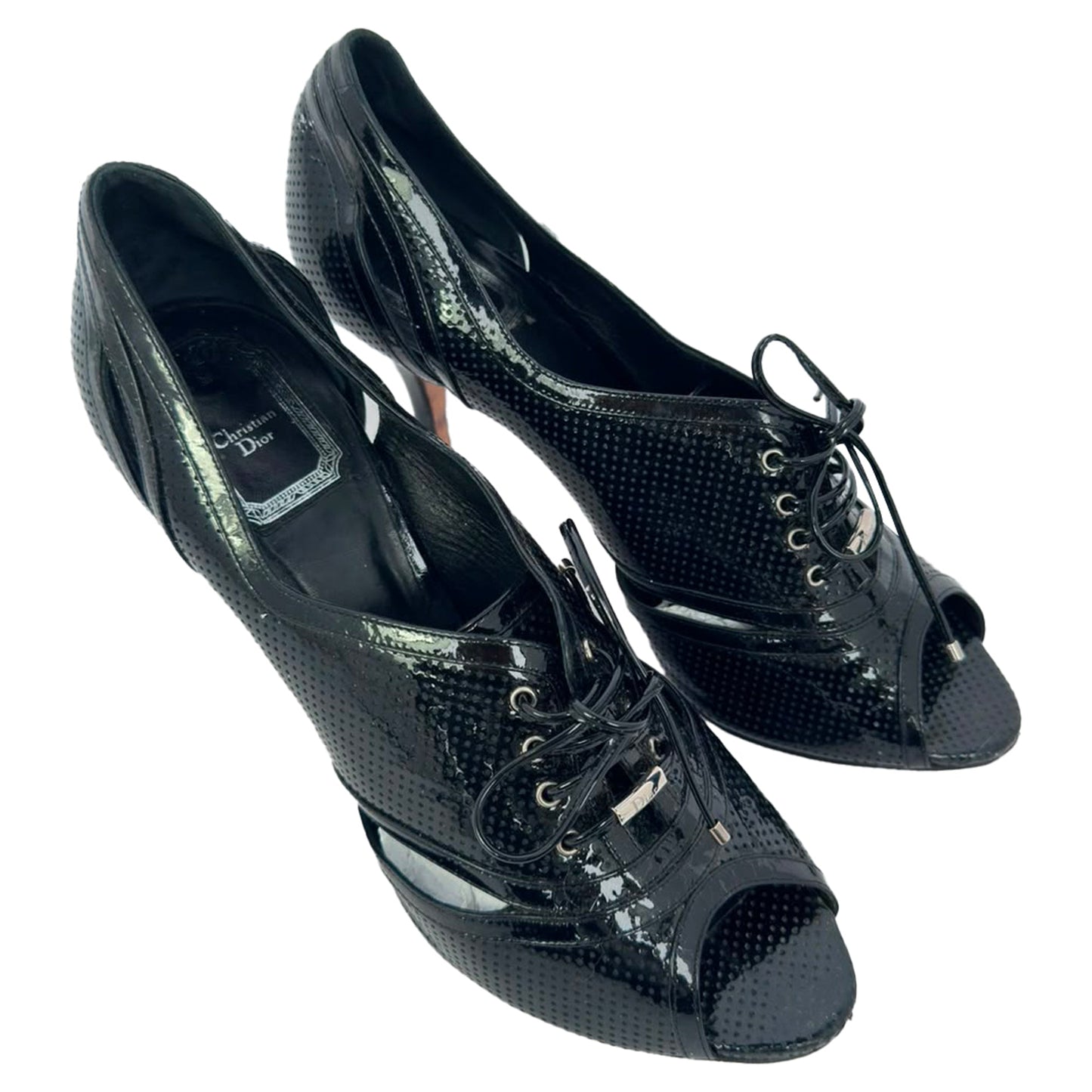 Women's Dior Lace Up Peep Toe Ankle Boots in Black Patent Leather