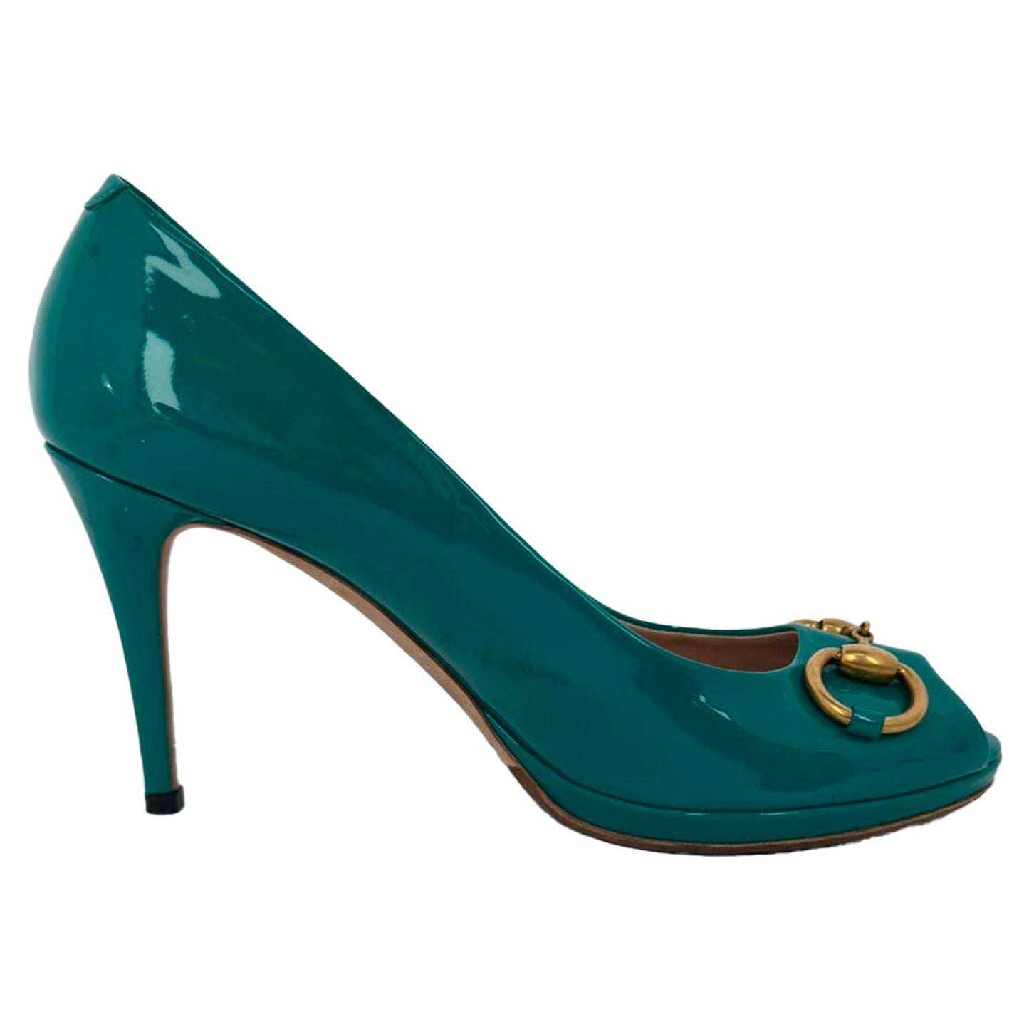 Women's Gucci New Hollywood Horsebit Peep Toe Pumps in Turquoise Patent Leather