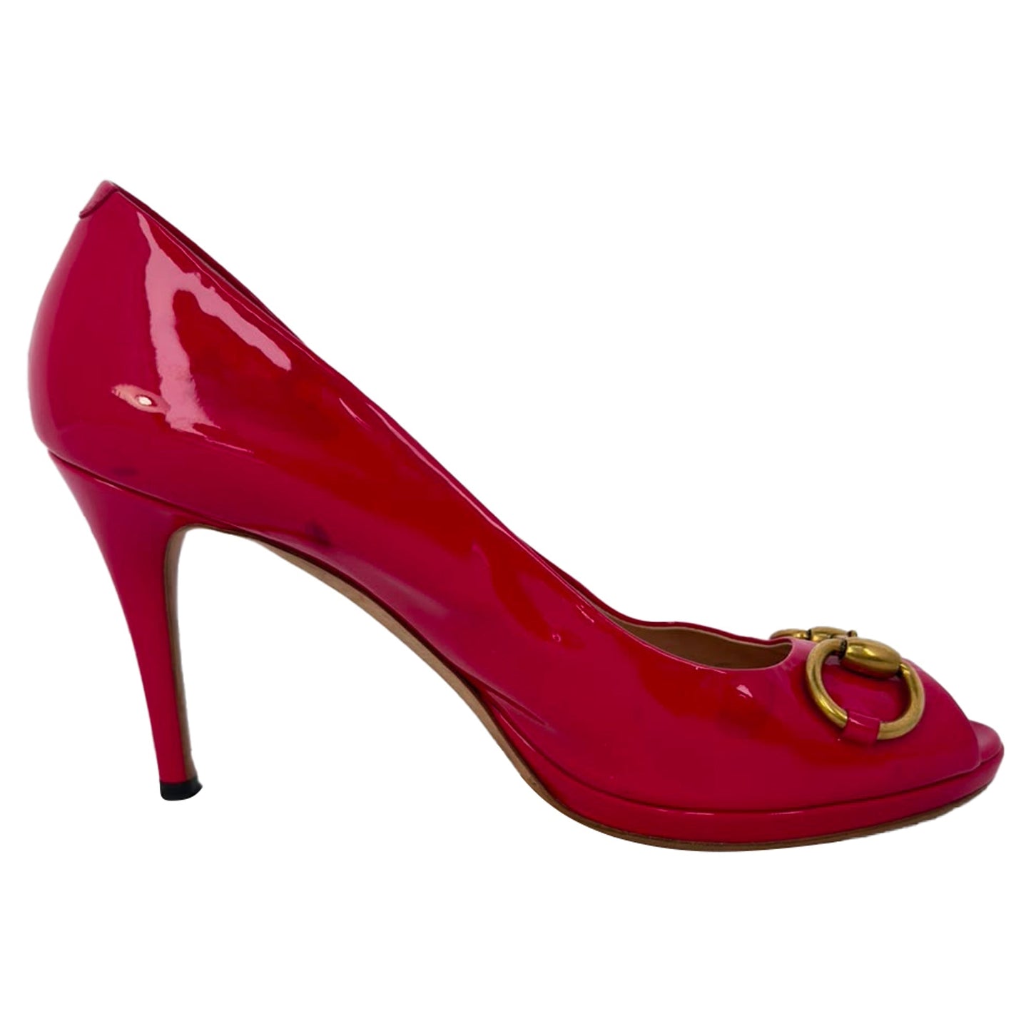 Women's Gucci New Hollywood Horsebit Peep Toe Pumps in Pink Patent Leather