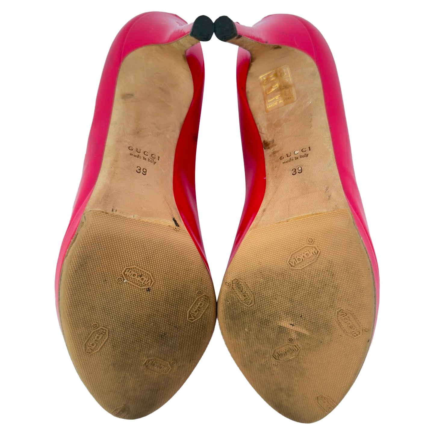 Women's Gucci New Hollywood Horsebit Peep Toe Pumps in Pink Patent Leather