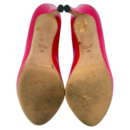 Women's Gucci New Hollywood Horsebit Peep Toe Pumps in Pink Patent Leather