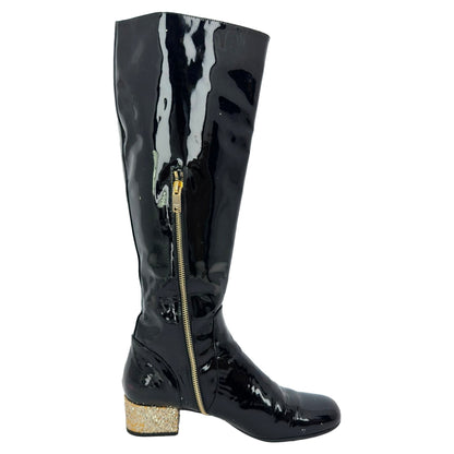 Women's Saint Laurent Glitter Heel Knee High Boots in Black Patent Leather