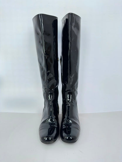 Women's Saint Laurent Glitter Heel Knee High Boots in Black Patent Leather