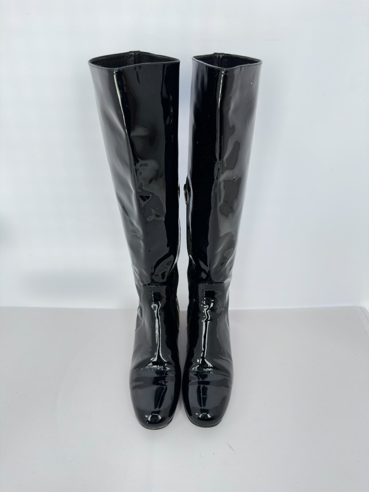 Women's Saint Laurent Glitter Heel Knee High Boots in Black Patent Leather