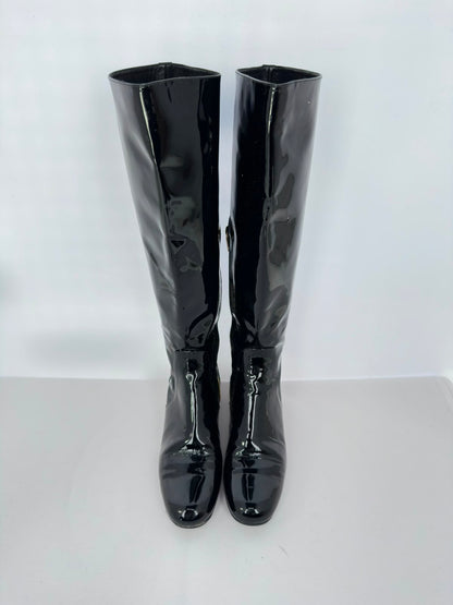 Women's Saint Laurent Glitter Heel Knee High Boots in Black Patent Leather