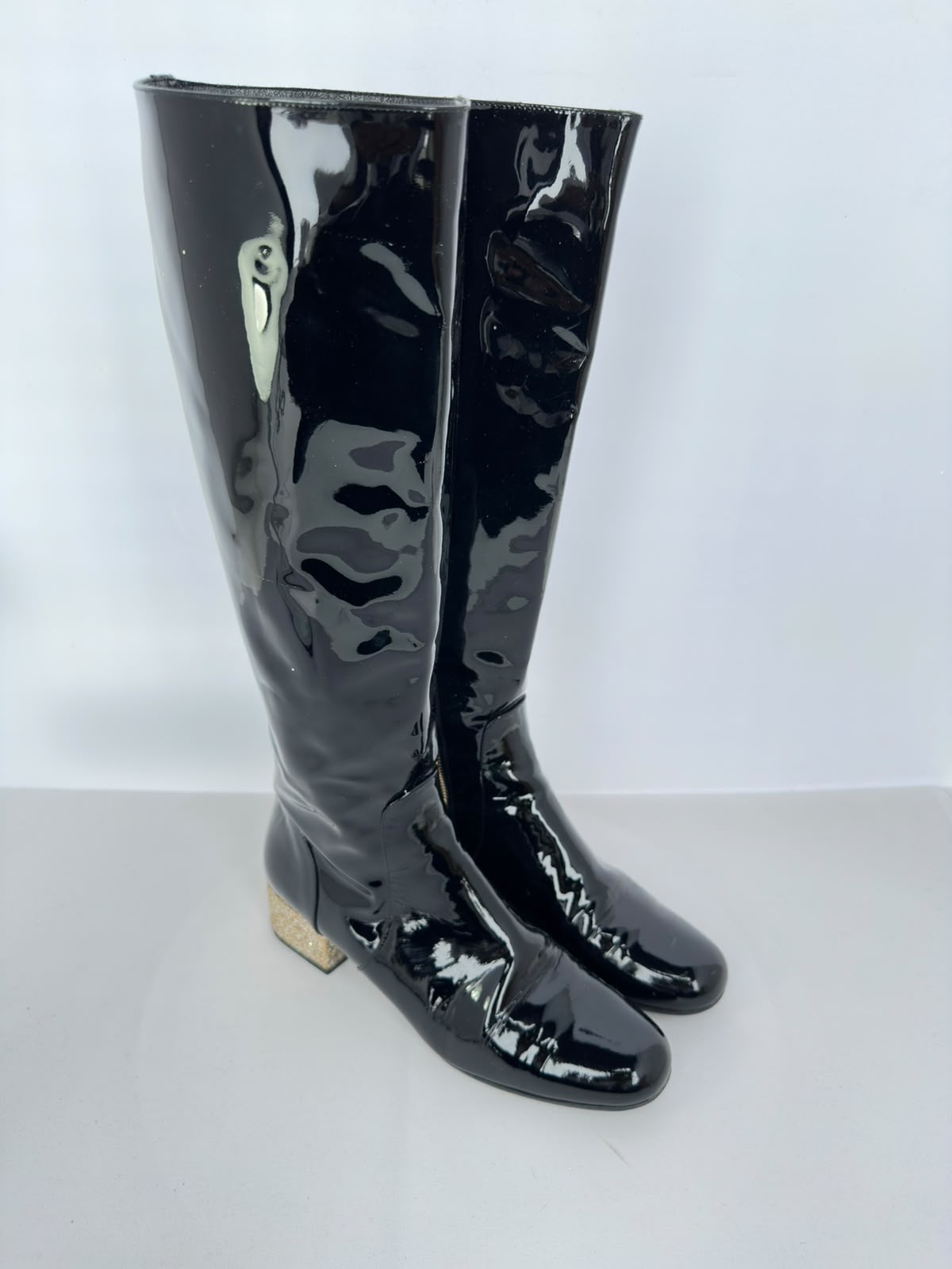 Women's Saint Laurent Glitter Heel Knee High Boots in Black Patent Leather