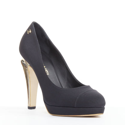 Women's Chanel Satin Gold Bolt Heel Pumps