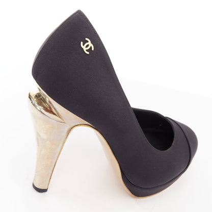 Women's Chanel Satin Gold Bolt Heel Pumps