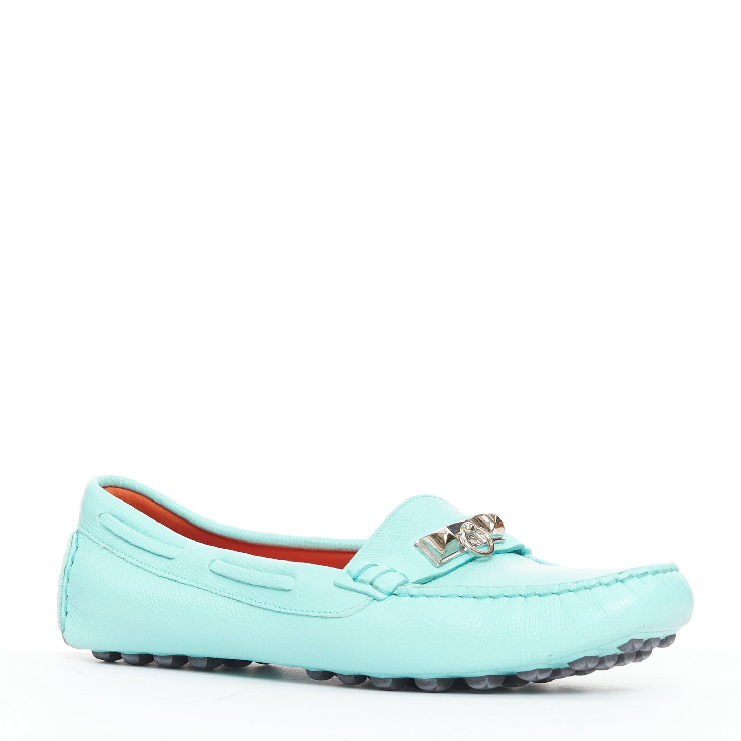 Women's Hermes Leather Silver Stud Driving Loafers