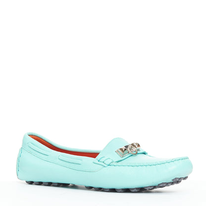 Women's Hermes Leather Silver Stud Driving Loafers