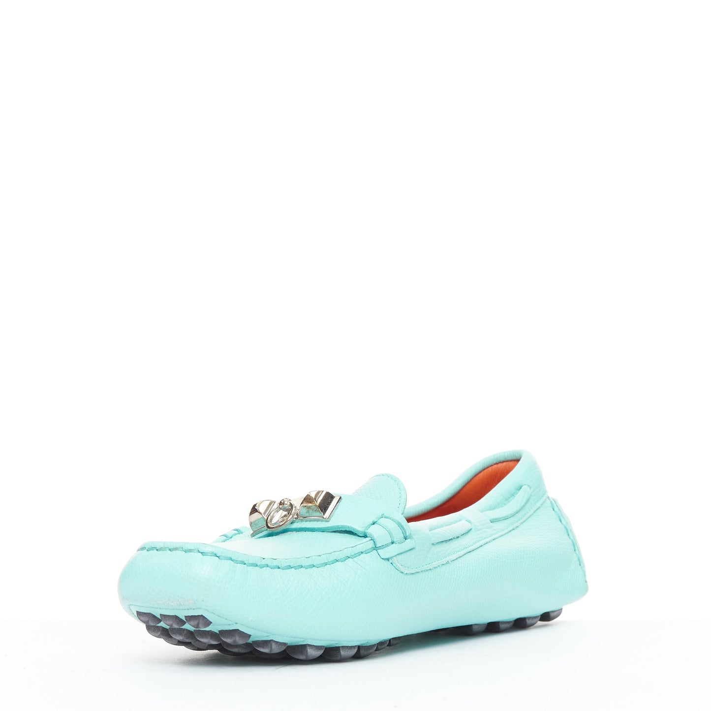 Women's Hermes Leather Silver Stud Driving Loafers
