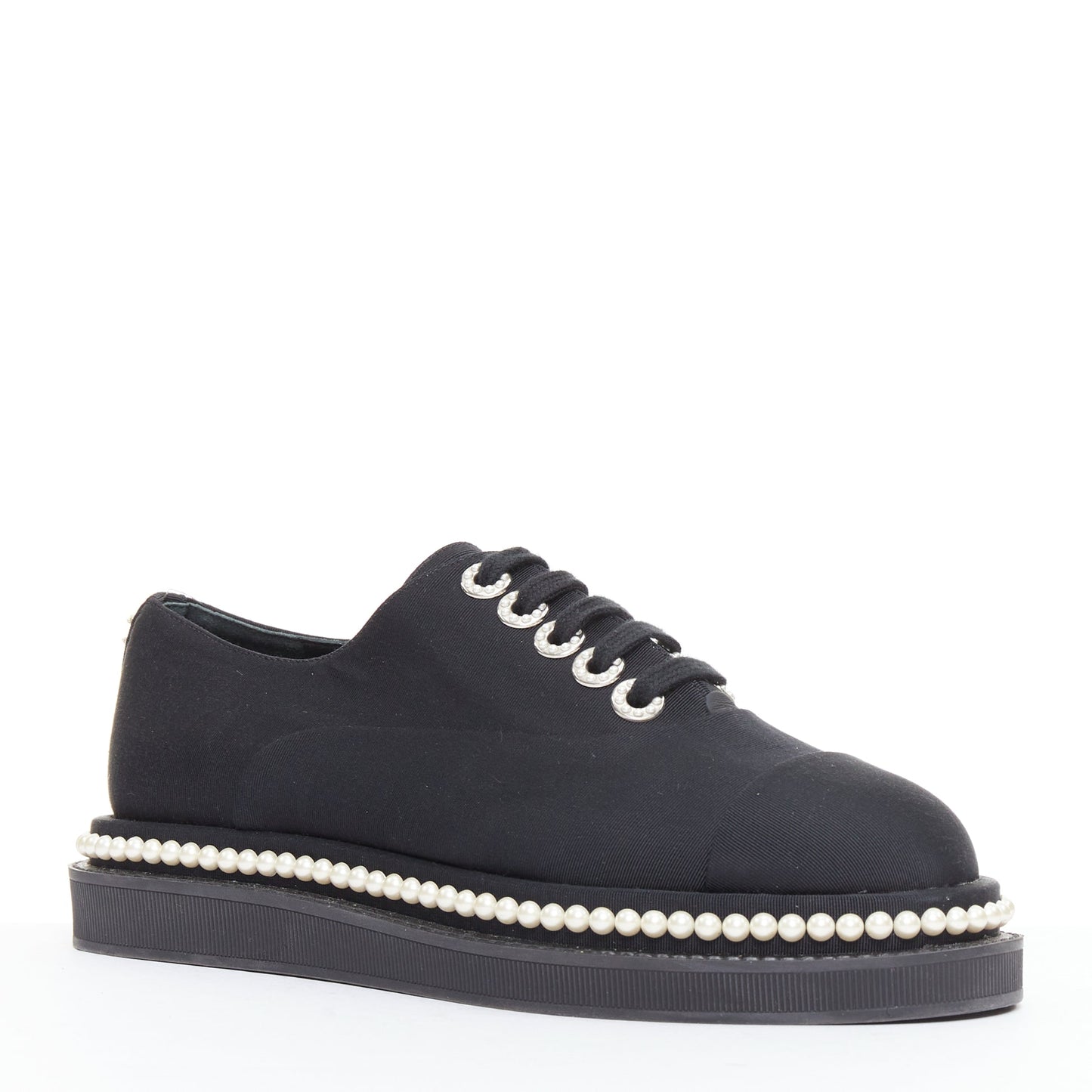 Women's Chanel Canvas Pearl Trim Oxfords