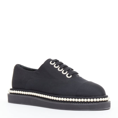 Women's Chanel Canvas Pearl Trim Oxfords