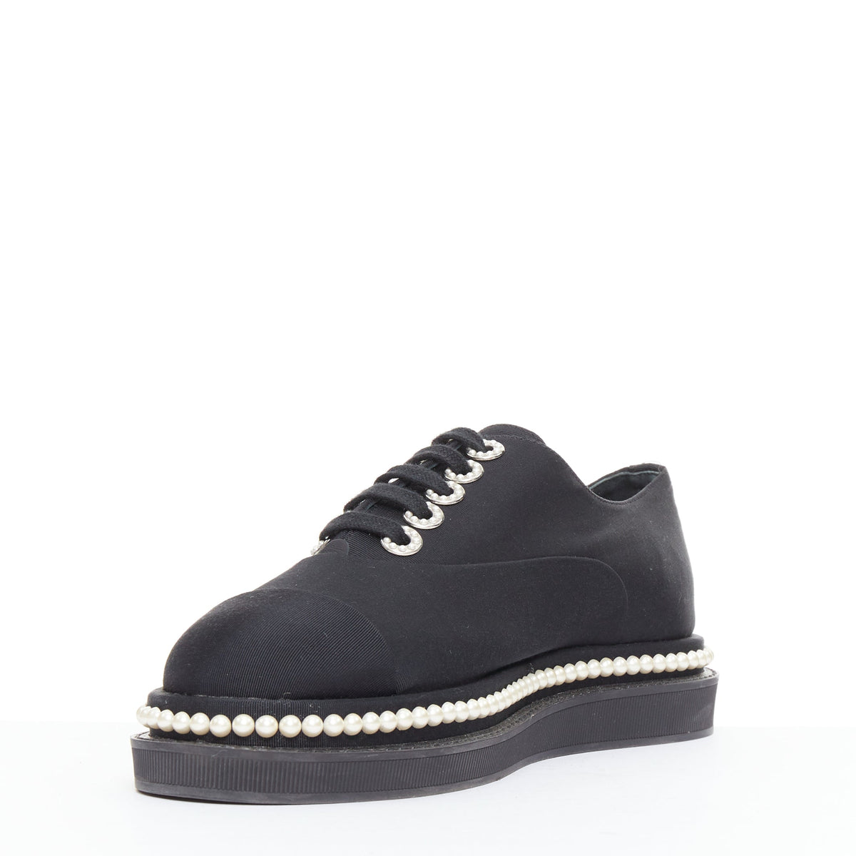 Women's Chanel Canvas Pearl Trim Oxfords