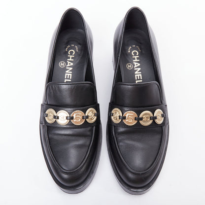 Women's Chanel Leather Gold Logo Loafers