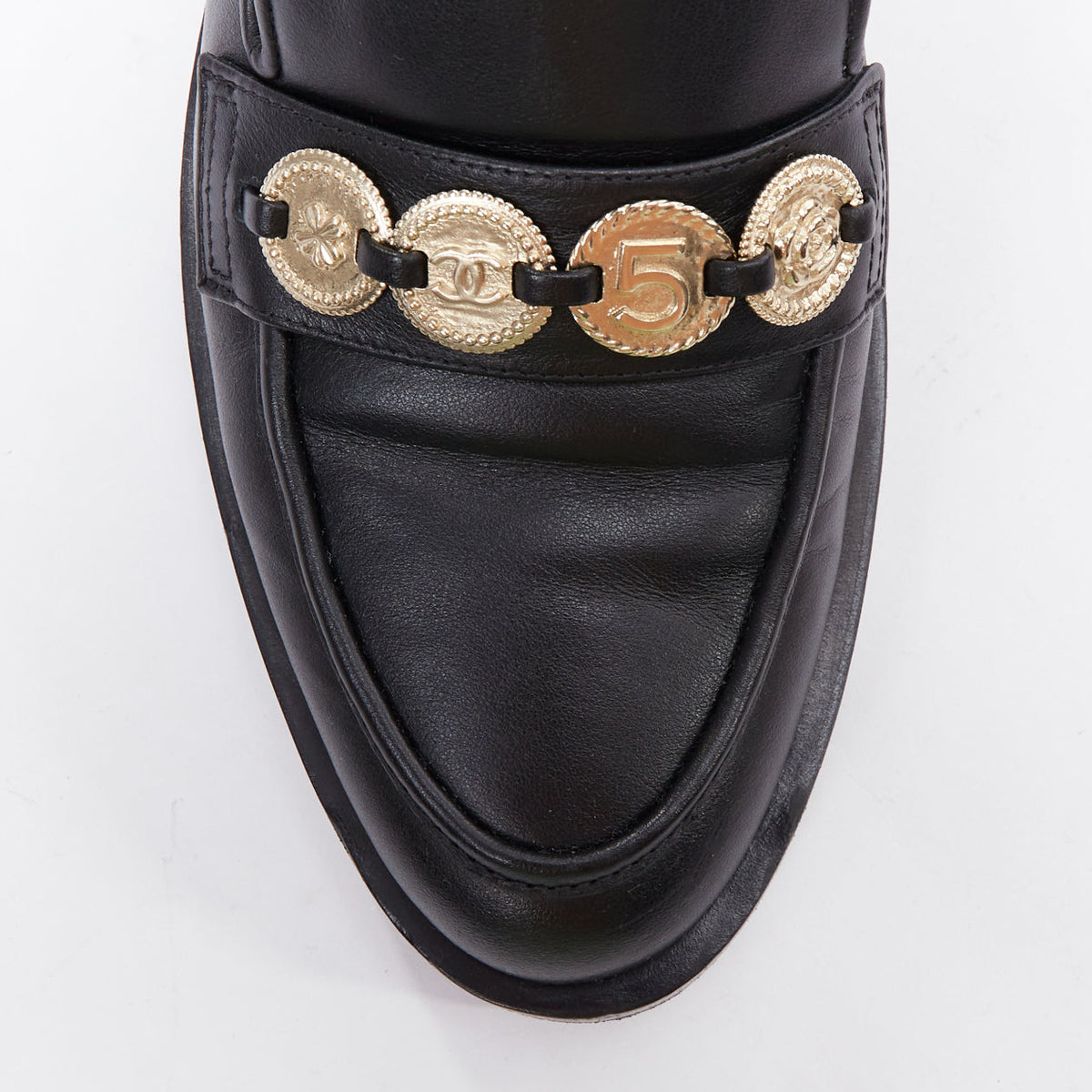 Women's Chanel Leather Gold Logo Loafers