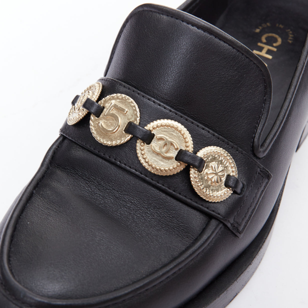 Women's Chanel Leather Gold Logo Loafers