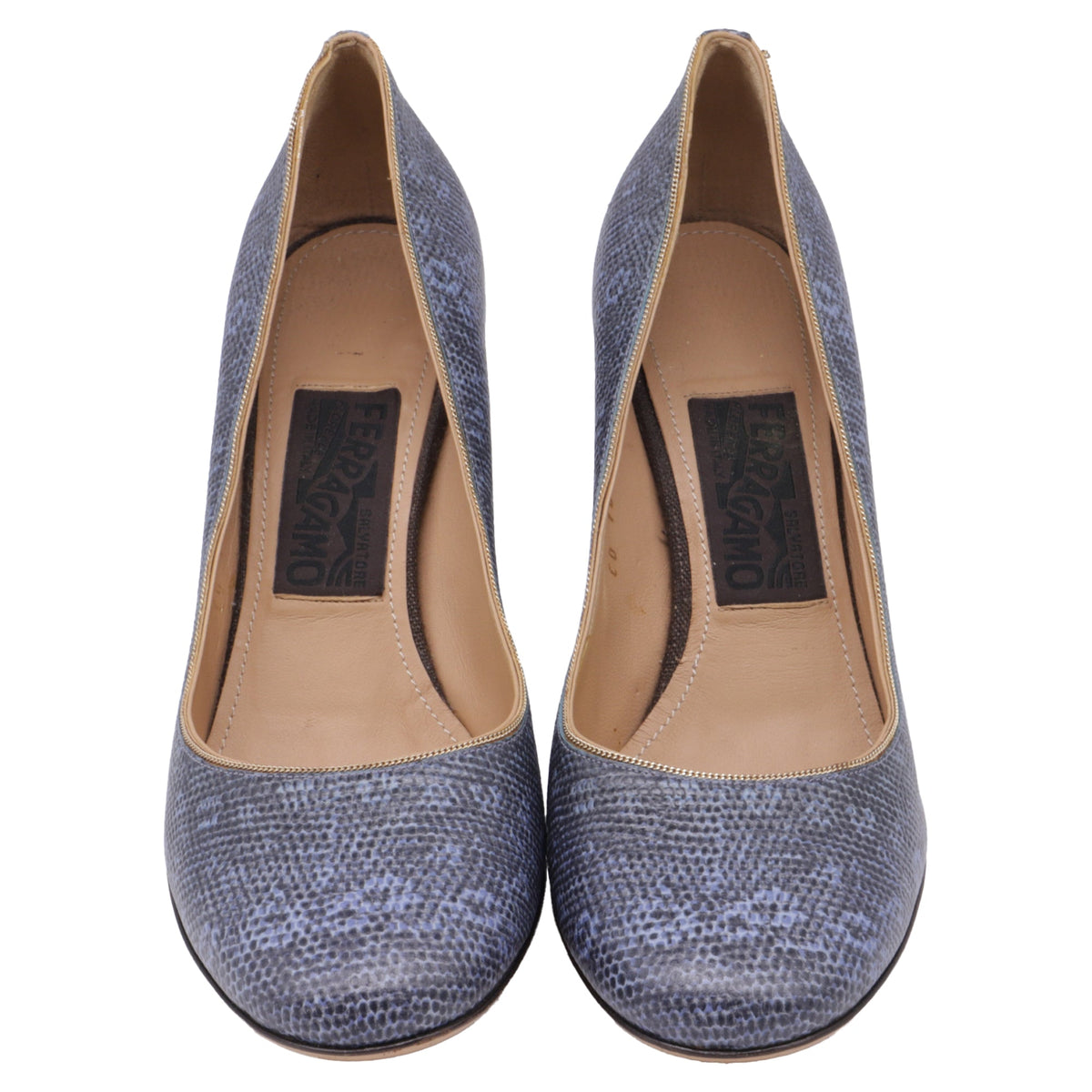 Women's Salvatore Ferragamo Two Tone Lizard Embossed Block Heel Pumps in Blue Leather