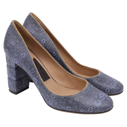 Women's Salvatore Ferragamo Two Tone Lizard Embossed Block Heel Pumps in Blue Leather