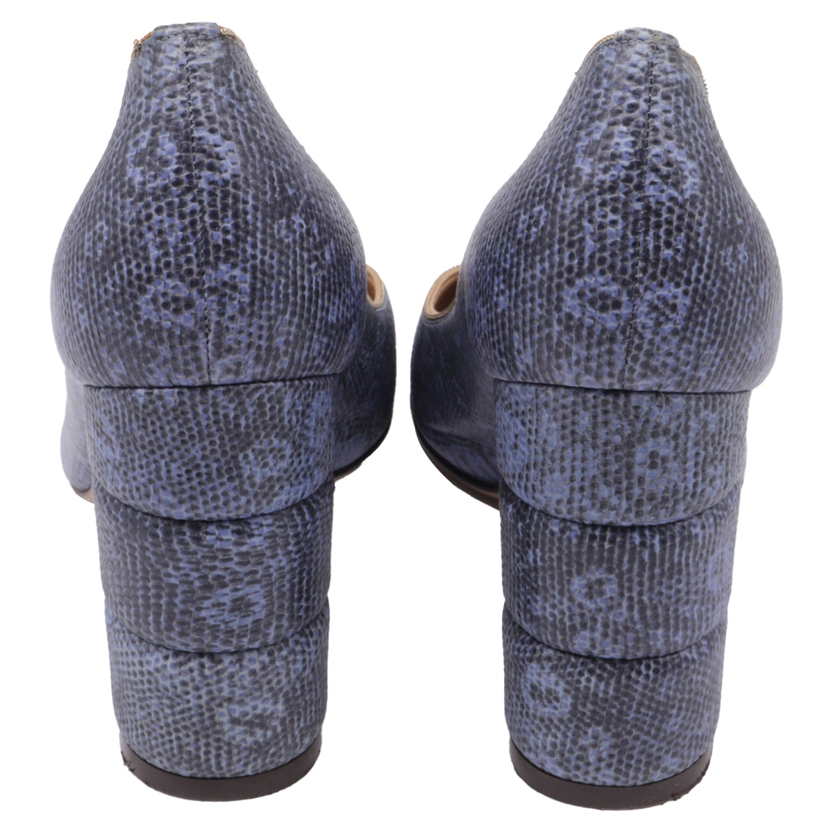 Women's Salvatore Ferragamo Two Tone Lizard Embossed Block Heel Pumps in Blue Leather
