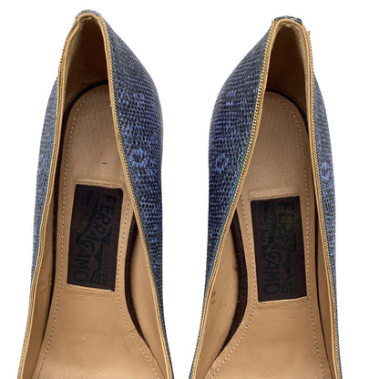 Women's Salvatore Ferragamo Two Tone Lizard Embossed Block Heel Pumps in Blue Leather
