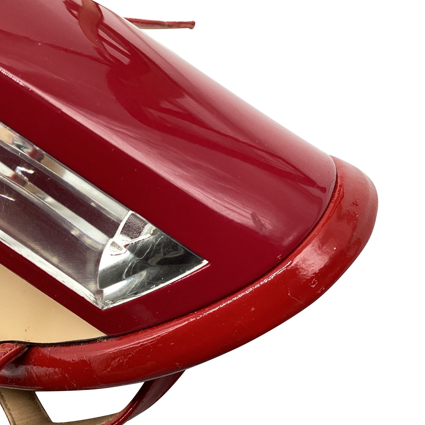 Women's Salvatore Ferragamo Mirrored Heel T Strap Sandals in Red Patent Leather