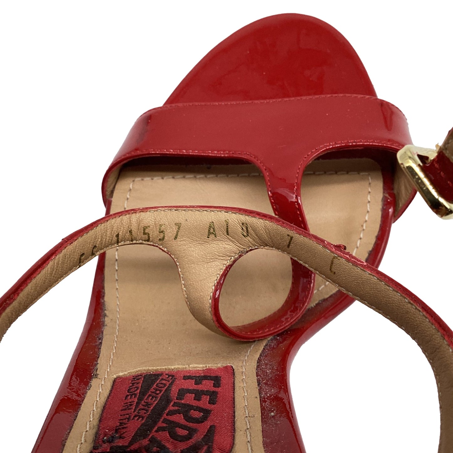 Women's Salvatore Ferragamo Mirrored Heel T Strap Sandals in Red Patent Leather